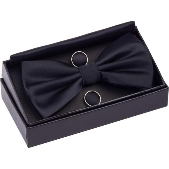 Mens Solid Color Double Fold Pre-tied Bow Tie and Pocket Square Cufflink Set - Picture 2 of 8